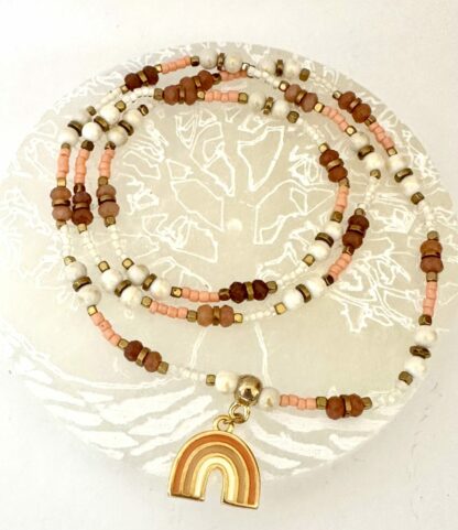 Bracelet 3 tours ivoire abricot marron doré