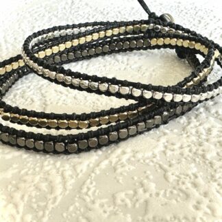Bracelet cuir 3 tours perles argent doré gunmétal