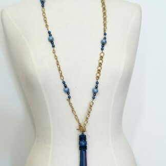 Collier acier doré pompon bleu Swaroski